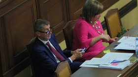 Premiér Andrej Babiš (ANO) a ministryně financí Alena Schillerová v Poslanecké sněmovně (10. 9. 2019)