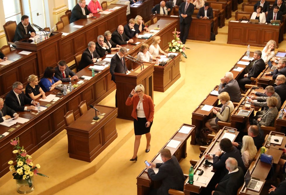 Premiér Andrej Babiš přestavoval v Poslanecké sněmovně svou novou vládu. Karla Šlechtová je už jen řadovou poslankyní (27. 6. 2018).