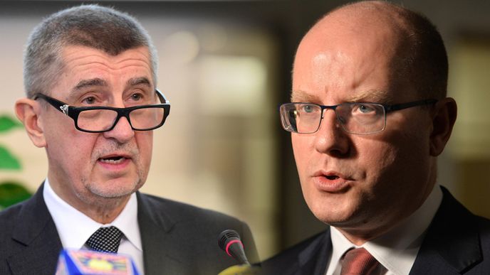 Vicepremiér Andrej Babiš (vlevo, ANO) a premiér Bohuslav Sobotka (ČSSD)