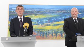 Premiér Andrej Babiš a nový ministr zemědělství Miroslav Toman na první společné tiskové konferenci ( 27. 6. 2018)