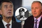 Vicepremiér Andrej Babiš (ANO), někdejší italský vůdce Benito Mussolini a expremiér Mirek Topolánek