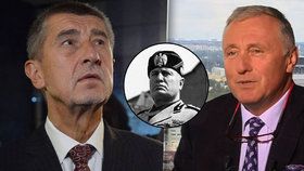 Vicepremiér Andrej Babiš (ANO), někdejší italský vůdce Benito Mussolini a expremiér Mirek Topolánek