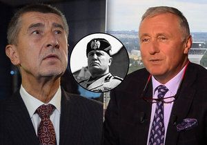 Vicepremiér Andrej Babiš (ANO), někdejší italský vůdce Benito Mussolini a expremiér Mirek Topolánek