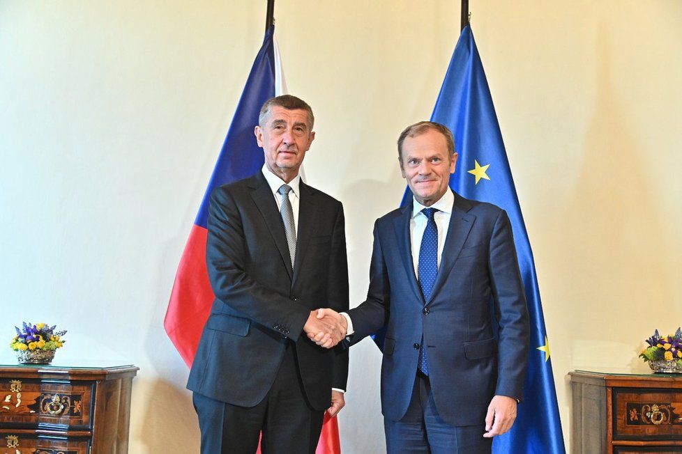 Český premiér Andrej Babiš (ANO) a předseda Evropské rady Donald Tusk v Praze (8. 5. 2019)