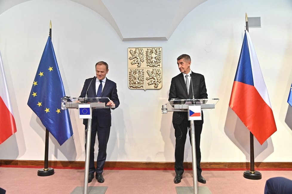 Český premiér Andrej Babiš (ANO) a předseda Evropské rady Donald Tusk v Praze (8. 5. 2019)