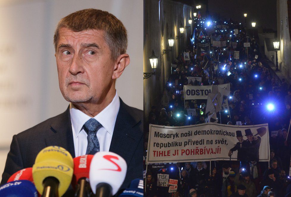 Premiér Andrej Babiš (ANO) ve Sněmovně a demonstranti na cestě od Hradu (23. 11. 2018)