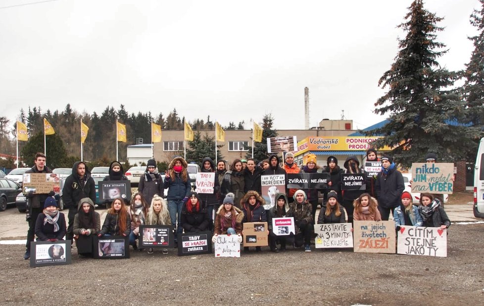 Protest proti zabíjení zvířat před budovou firmy Vodňanská drůbež.