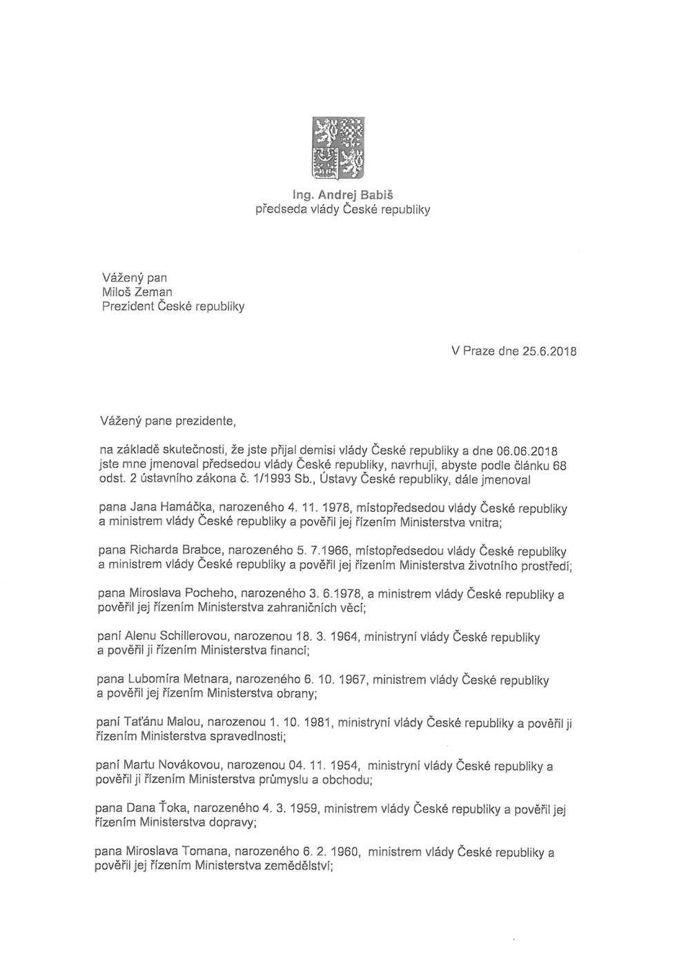 Oficiální návrh na jmenování Pocheho ministrem zahraničí, ale... Babiš poslal zároveň i druhý dopis (strana 1).
