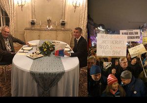 Zatímco proti Babišovi na Václavském náměstí lidé protestují, předseda vlády večeří s hlavou státu Milošem Zemanem na zámku v Lánech