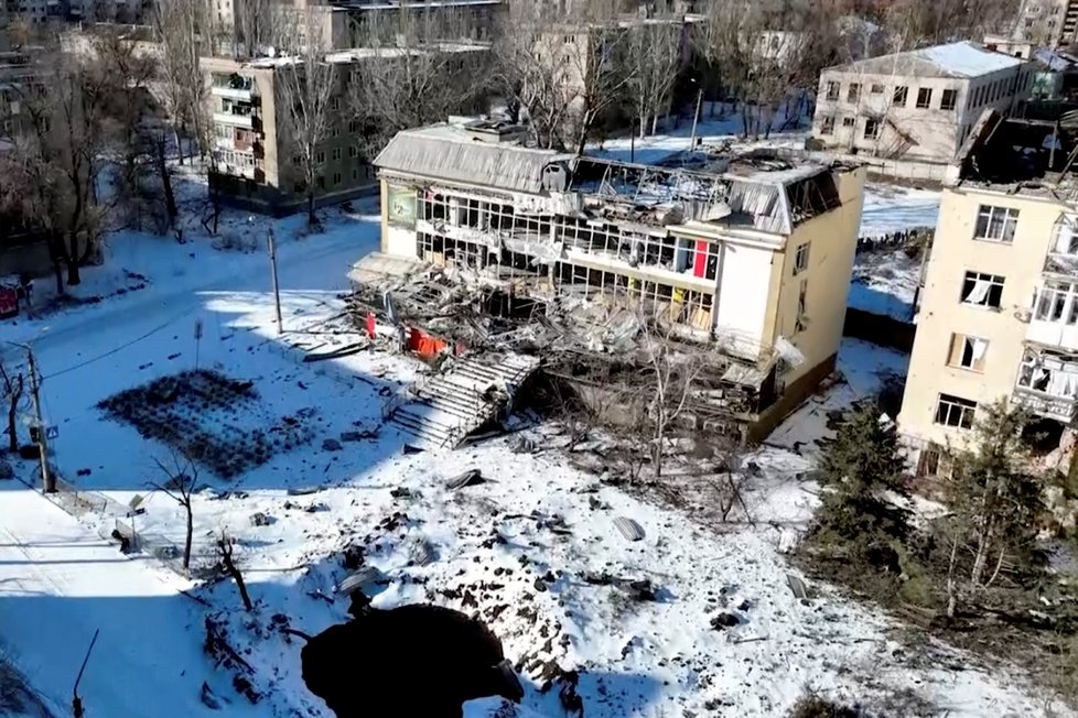 Dronové záběry ze zničeného Bachmutu (23.2.2023ú