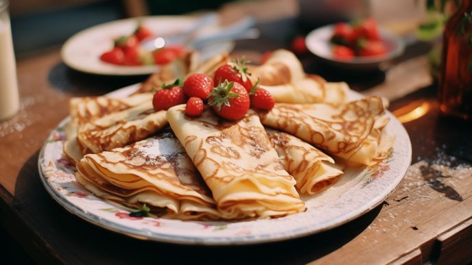 Crepes, pancakes with berries. Maslenitsa Pancake week. Healthy breakfast. Cozy morning.,Image: 855473238, License: Royalty-free, Restrictions: , Model Release: no, Credit line: Profimedia