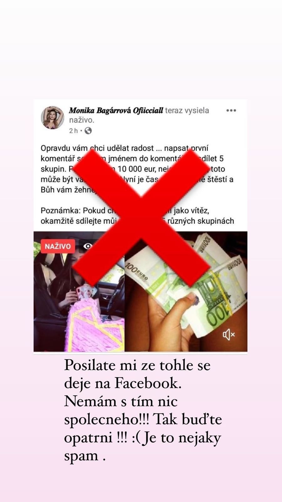 Monika Bagárová upozorňuje na podvodnou stránku.