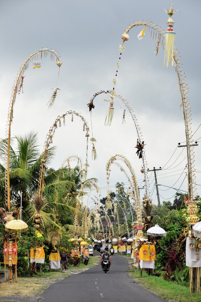 V období svátku Galungan jsou balijské vesnice nádherně vyzdobené bambusovými tyčemi zvanými penjor, symbolem posvátné sopky Agung