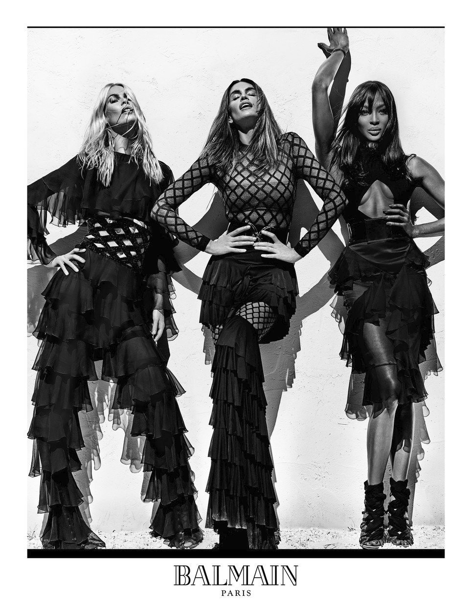 Cindy Crawford, Claudia Schiffer a Naomi Campbell v kampani Balmain 2016.