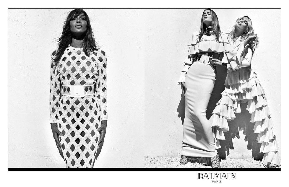 Naomi Campbell, Cindy Crawford a Claudia Schiffer v kampani Balmain 2016.