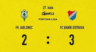 SESTŘIH: Jablonec - Baník 2:3. Rozhodl vlastní gól, třetí výhra Ostravy