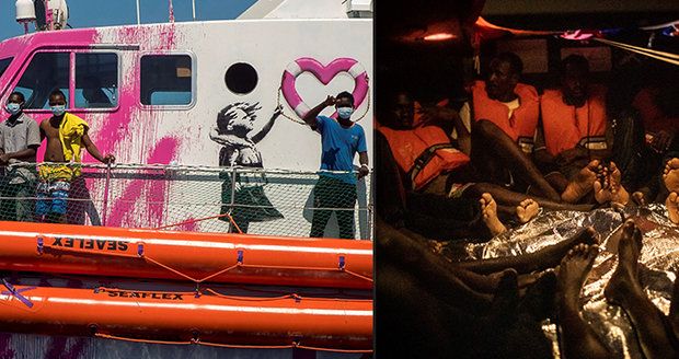 Loď výtvarníka Banksyho v potížích: S ženami, dětmi a mrtvým migrantem na palubě volá o pomoc