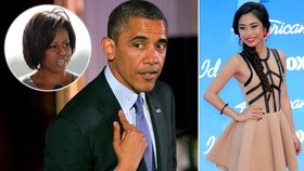 Prezident Obama vysvětloval v Bílém domě otisk červené rtěnky na límečku. Prý za něj může mladá zpěvačka Jessica Sanchez (vpravo)