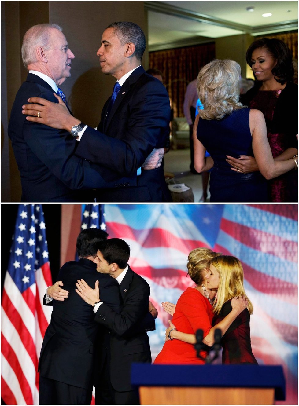 Srovnání ze štábu demokratů a republikánů: Nahoře Obama a viceprezident Joe Biden s manželkami, dole Mitt Romney a Paul Ryan