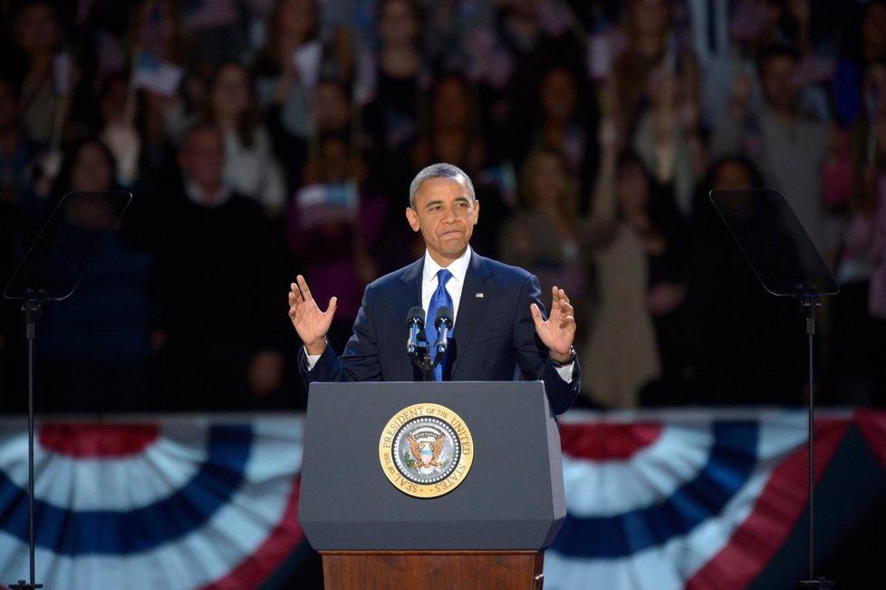 Barack Obama si svůj vítězný projev viditelně užíval