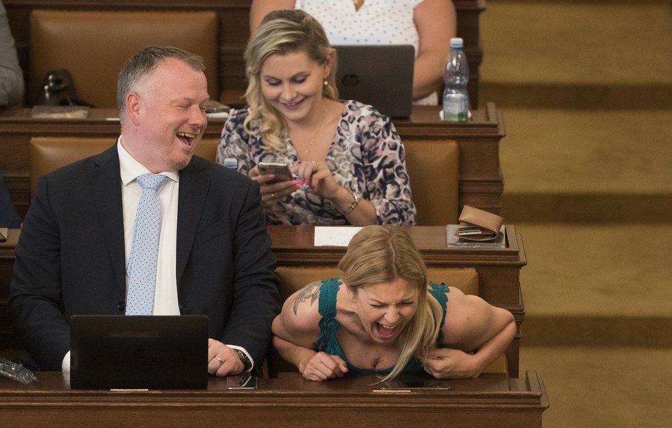 Vysmátá poslankyně Barbora Kořanová se během jednání o důvěře Babišově vládě dobře bavila.