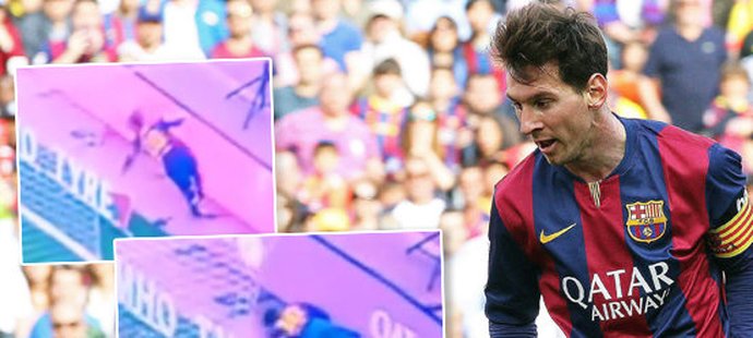 Útočník Barcelony Lionel Messi dal proti Valencii gól, při oslavě ale narazil na reklamní panel