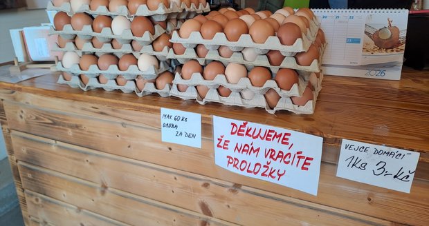 Majitel farmy Luční dvůr v Bartošovicích na Novojičínsku Petr Klečka nabízí vajíčka za tři koruny.