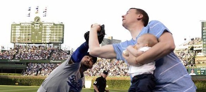 Fanoušek Keith Hartley předvedl slušný postřeh, metař Dodgers Adrian Gonzalez se po míčku natahoval marně