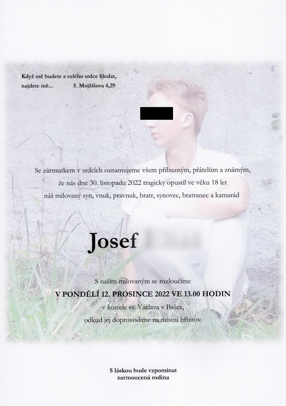 Poslední rozloučení se zavražděným varhaníkem Josefem (†18) proběhne v kostele, kde byl ubodaný. Obviněný je jeho kamaráda Jarek (20).