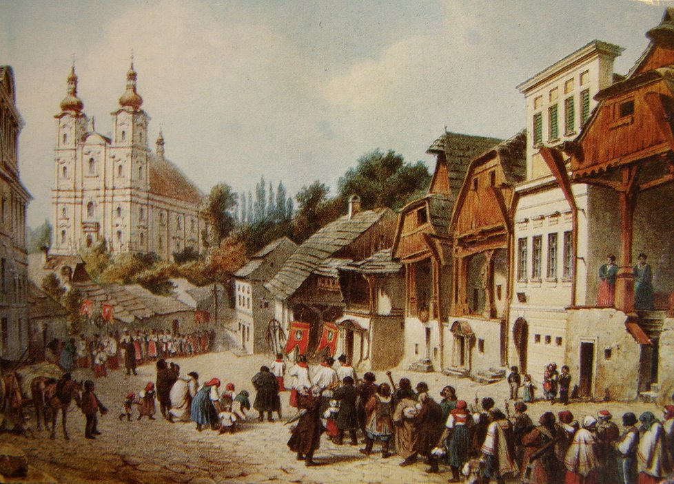 Dobová pohlednice zachycující procesí mířící do baziliky - tehdejšího Mariánského kostela.