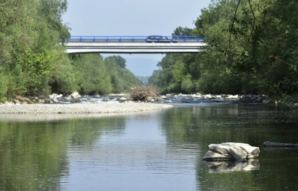 Hladina vody v řece Bečvě je několik centimetrů nad stavem sucha. Povodí Bečvy se s nedostatkem vody potýká už několik let a patří mezi suchem nejzasaženější povodí v zemi. Snímek řeky je z 4. května 2018 z okolí Grymova na Přerovsku.