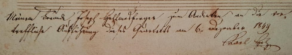 Mému příteli Josephu Hellmesbergerovi na památku vynikajícího provedení tohoto kvartetu 6. prosince 1849, Karl Holz mp – přípis na Beethovenově autografu.