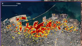 Satelitní průzkum: Čím tmavší červená, tím těžší škody.