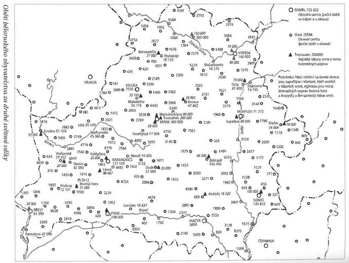 Oběti běloruského obyvatelstva za druhé světové války (čísla ukazují oběti v jednotlivých okresech)