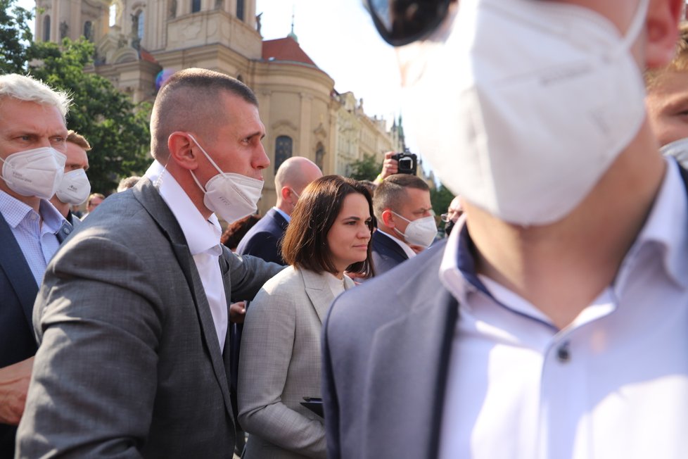 Vůdkyně běloruské opozice Svjatlana Cichanouská na návštěvě v Praze. Na Staroměstském náměstí se při té příležitosti konal protest Společně za Bělorusko. (7. červen 2021)