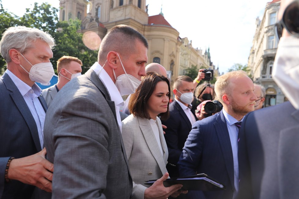 Vůdkyně běloruské opozice Svjatlana Cichanouská na návštěvě v Praze. Na Staroměstském náměstí se při té příležitosti konal protest Společně za Bělorusko. (7. červen 2021).