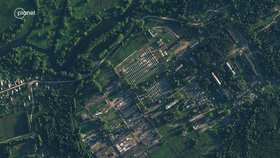 Satelitní pohled na vojenskou základnu Tseľ poblíž města Asipovičy v Mohylevské oblasti v Bělorusku (20.7. 2023)