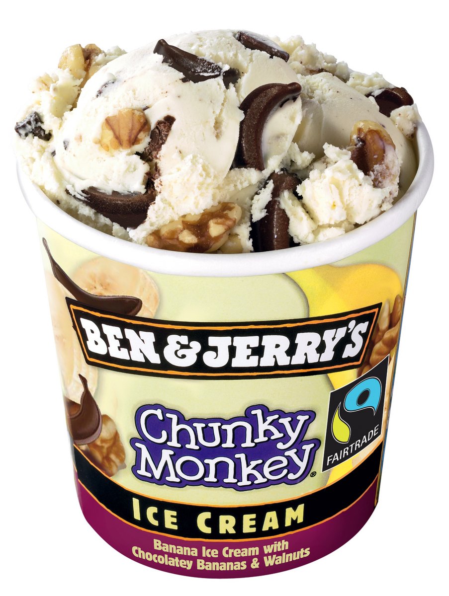 Chunky Monkey - Zmrzlina s banánovou příchutí s kousky kakaové cukrovinky a vlašskými ořechy.