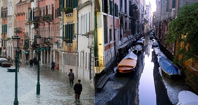 Po rozsáhlých záplavách jsou Benátky na suchu. Gondoly nejezdí, uvízly v bahnitých kanálech.