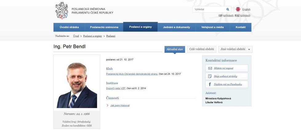 Ještě v neděli odpoledne měl Petr Bendl profil na stránkách Poslanecké sněmovny jako nově zvolený poslanec.