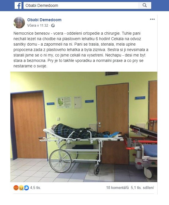 Uživatelka osočila nemocnici v Benešově, že se o pacientku 6 hodin nestarali
