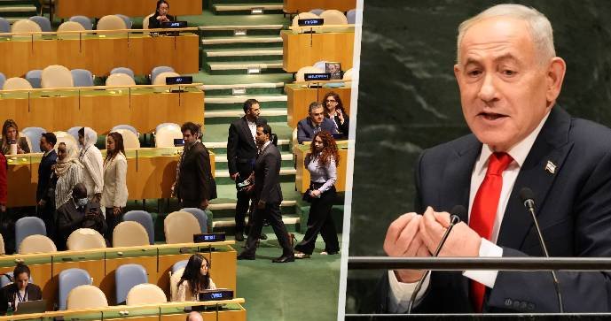 Při projevu Netanjahua na Valném shromáždění OSN část delegací opustila sál (24.9.2026)