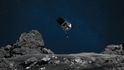 Sonda OSIRIS-REx se chystá odebrat vzorky hornin z povrchu asteroidu Bennu. Ztvárnil ji tak výtvarník NASA.