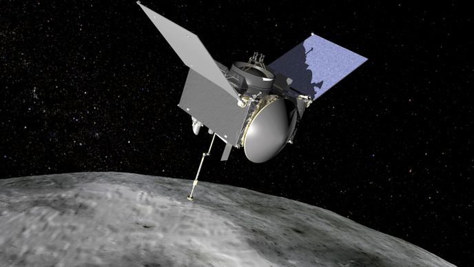 Sonda OSIRIS-REx obíhající kolem asteroidu Bennu podle představ výtvarníka z NASA.
