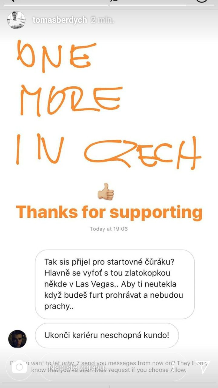 Berdych ironicky děkuje za podporu vulgárnímu uživateli Instagramu, který ho častoval nepěknými výrazy.