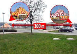 Cirkusové stany Berousků od sebe stojí jen 300 metrů a perou se o návštěvníky.