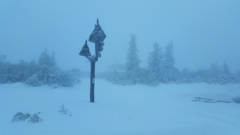 Dnes ráno v 8 hod byla celková sněhová pokrývka 38 cm, sněží a teplota - 1.5 °C, díky nárazovému větru se zde vytvářejí 60 - 70 cm sněhové závěje.