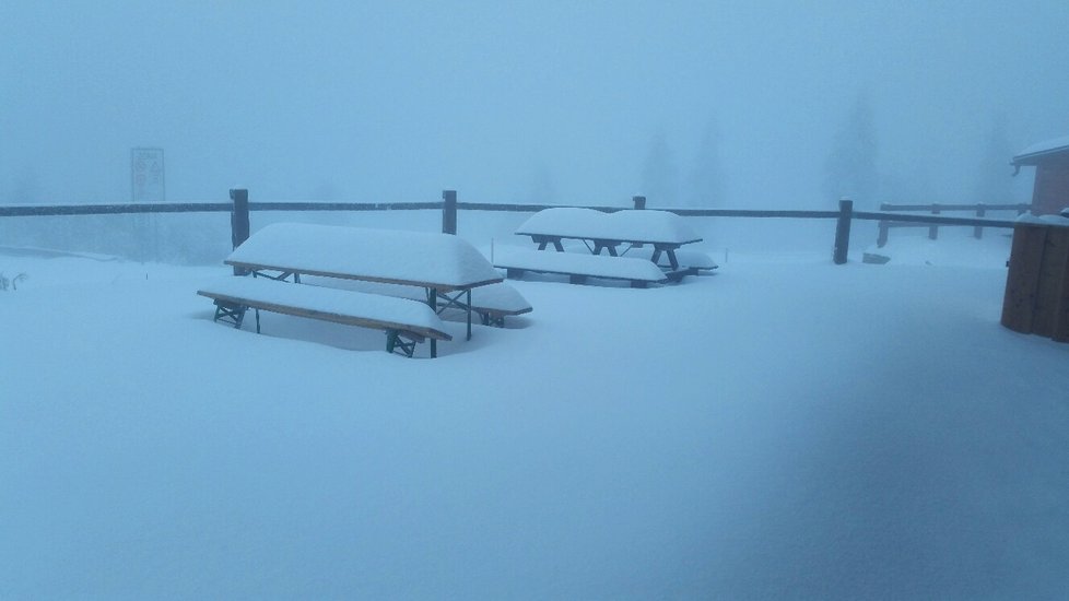 Dnes ráno v 8 hod byla celková sněhová pokrývka 38 cm, sněží a teplota - 1.5 °C, díky nárazovému větru se zde vytvářejí 60 - 70 cm sněhové závěje.