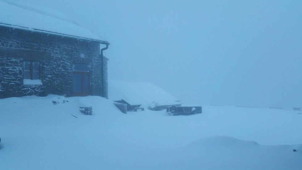 Dnes ráno v 8 hod byla celková sněhová pokrývka 38 cm, sněží a teplota - 1.5 °C, díky nárazovému větru se zde vytvářejí 60 - 70 cm sněhové závěje.