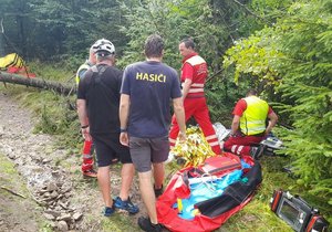 Hasiči, horská služba a zdravotníci zachraňovali muže (31), na kterého v terénu lokality Bílá spadl strom. Náročnou akci ještě více komplikovalo počasí.